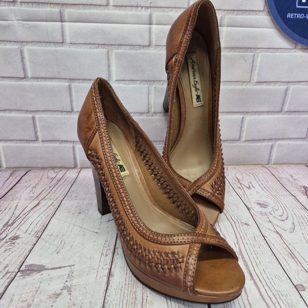 American Eagle Y2K Boho Chunky Braided Faux Leather Open Toe Block Heels 9 1/2